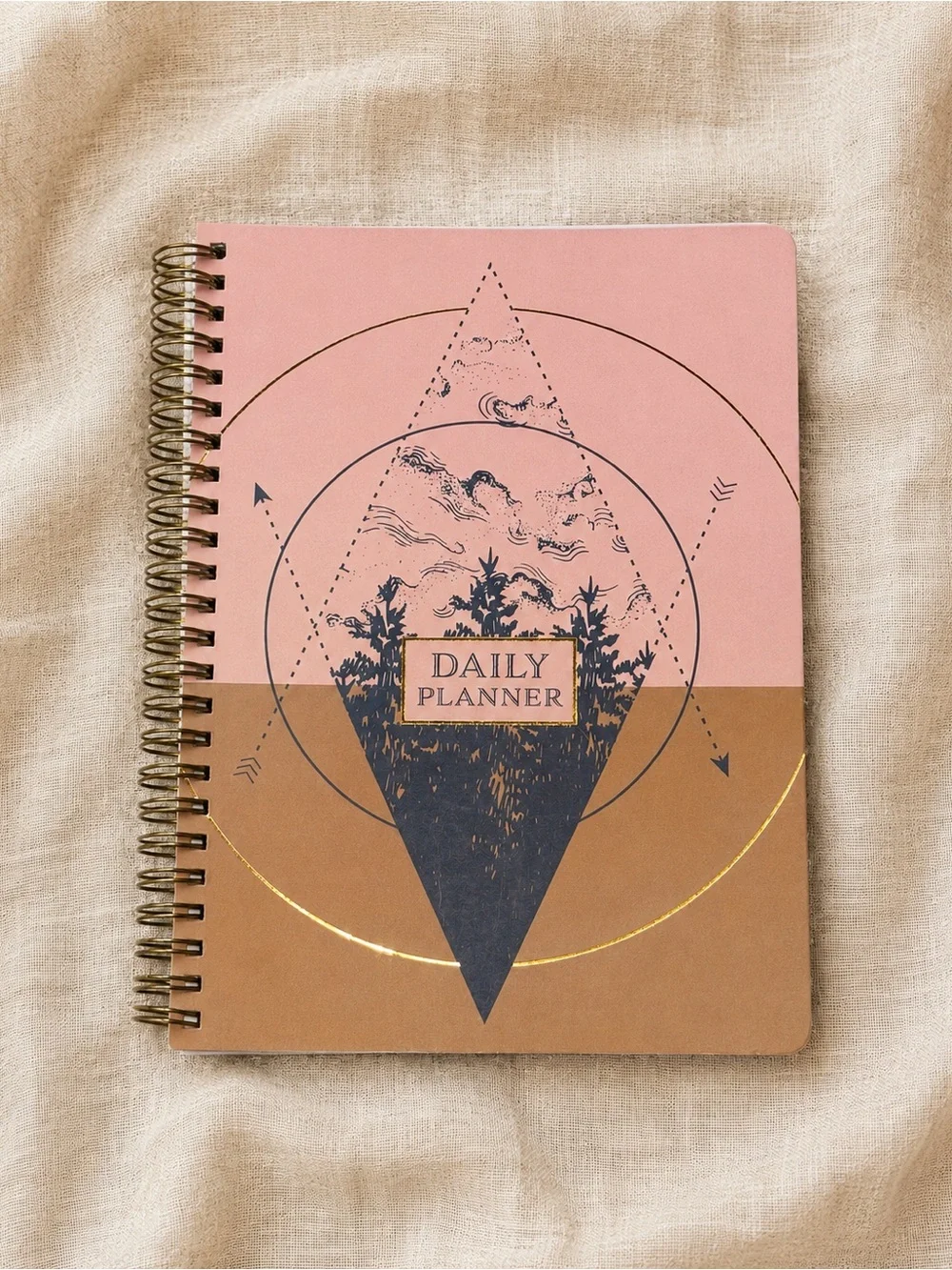 📓 Pink & Tan Spiral Daily Planner Notebook Journal, Geometric Forest Vibes 🌱🖤🌱